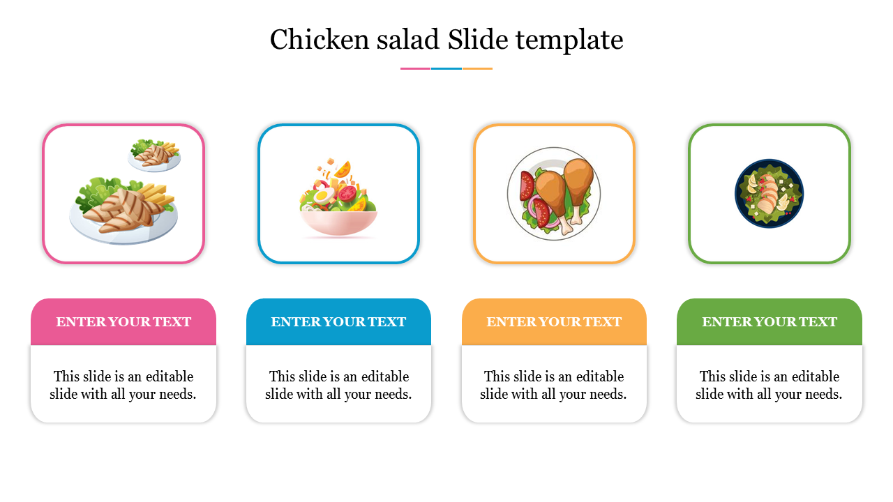 Slide with four colorful icons of chicken salad dishes in pink, blue, orange, and green bordered boxes, with text areas.