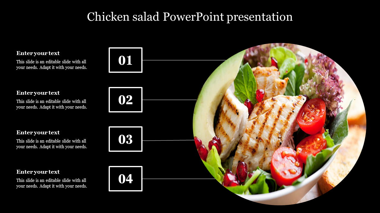 Slide featuring a chicken salad bowl with four labeled sections for text options on a dark backdrop.