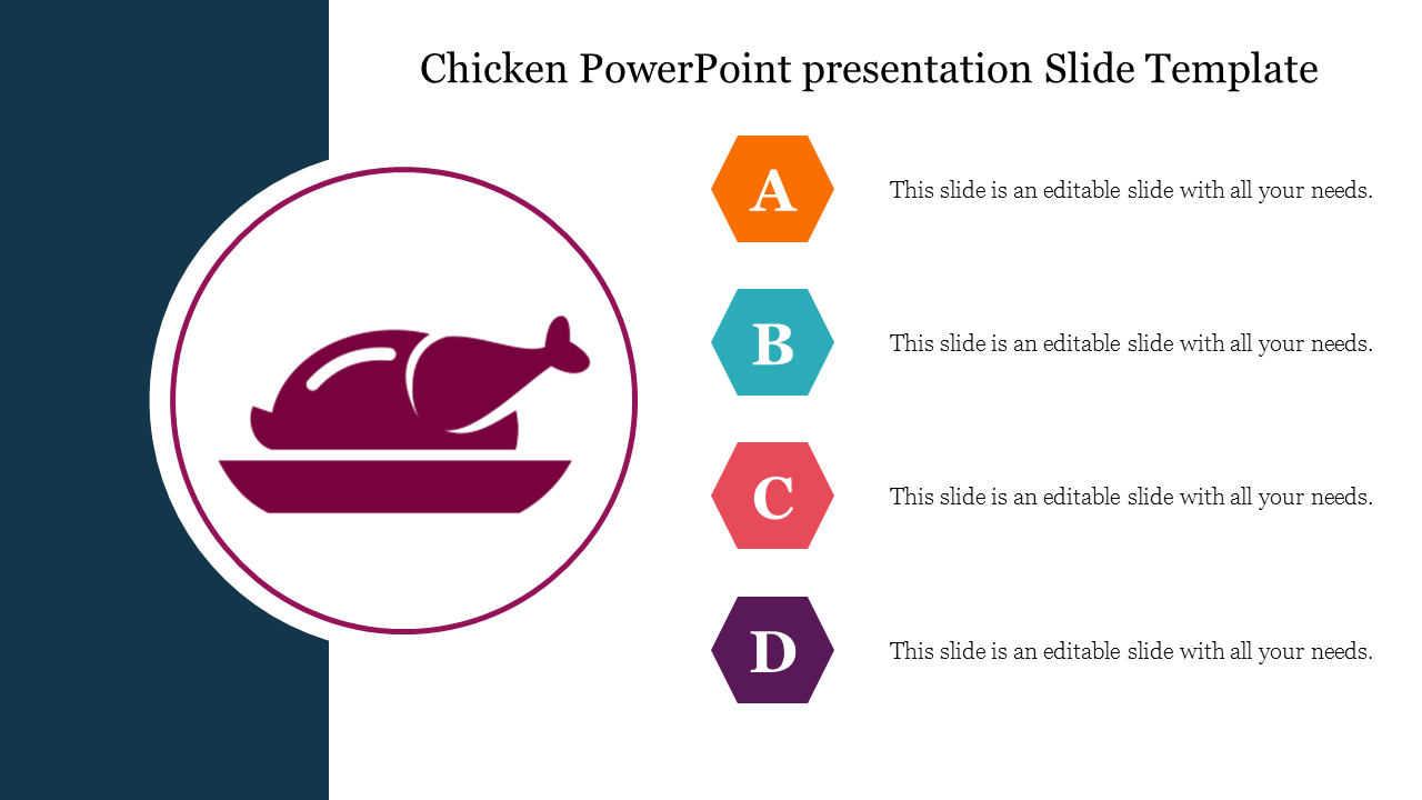 Slide with a roasted chicken icon on a plate and four labeled sections for text options.