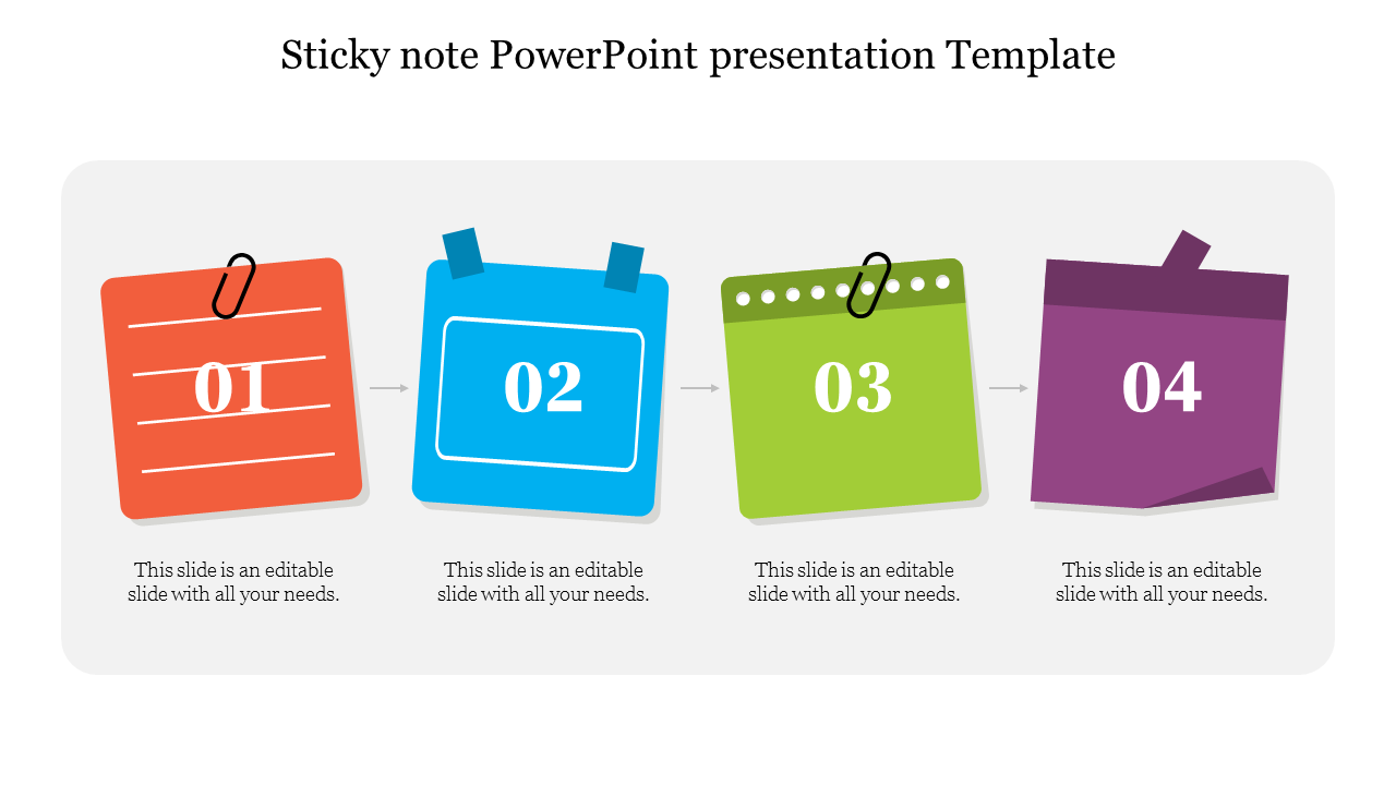 Sequence of four sticky notes in various colors with decorative elements like clips and pins, connected by arrows.