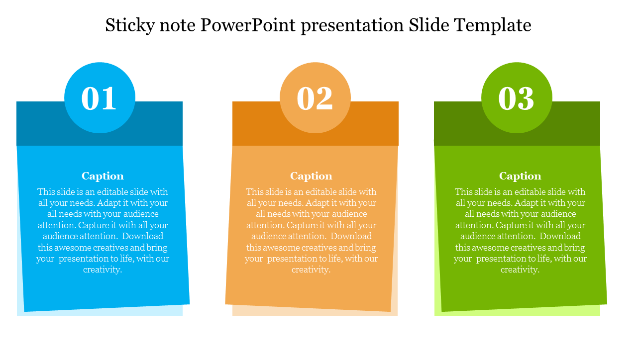 Three sticky note-style slides each with a circular label at the top displaying numbers and with caption areas.