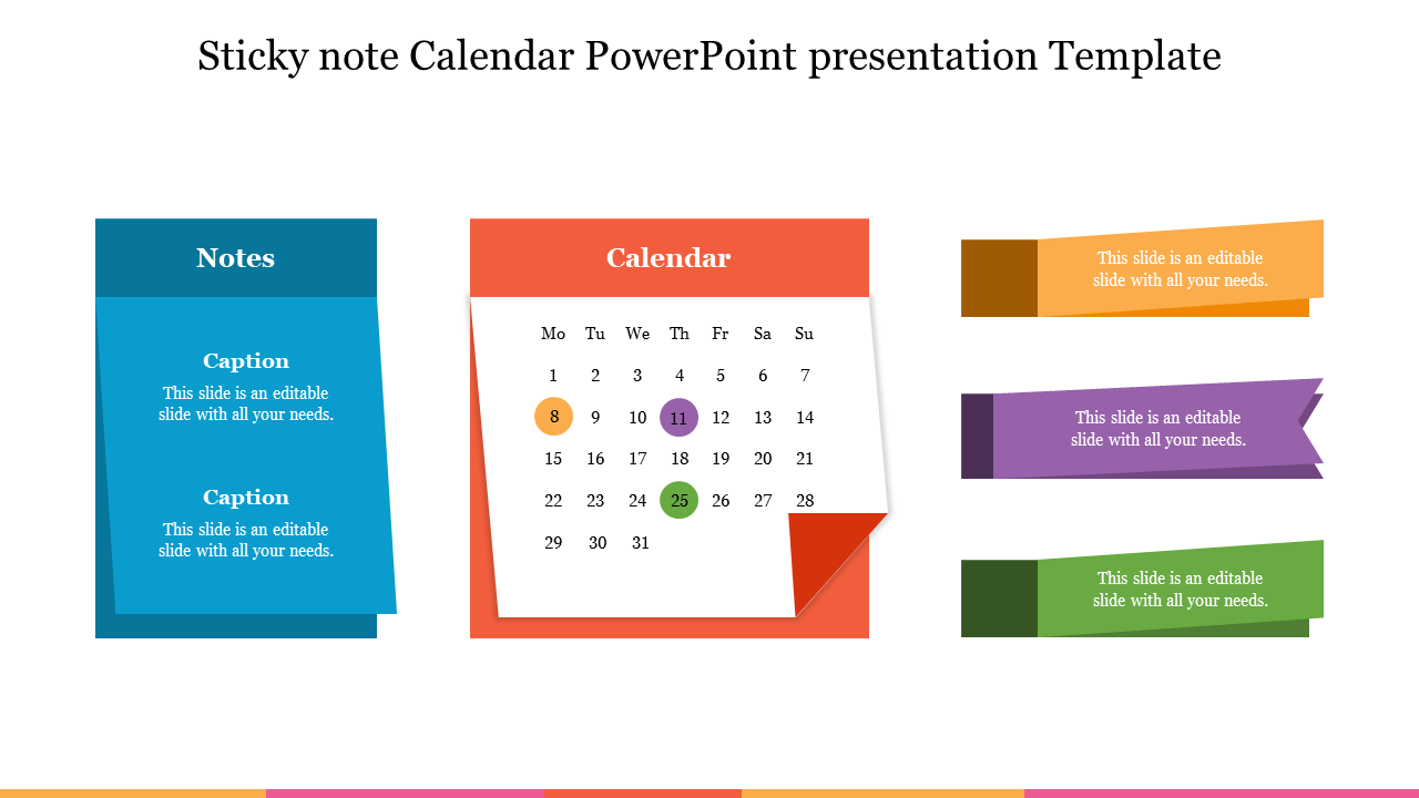 Sticky note-style slide showcasing a calendar with highlighted dates and colorful text placeholders on the sides.