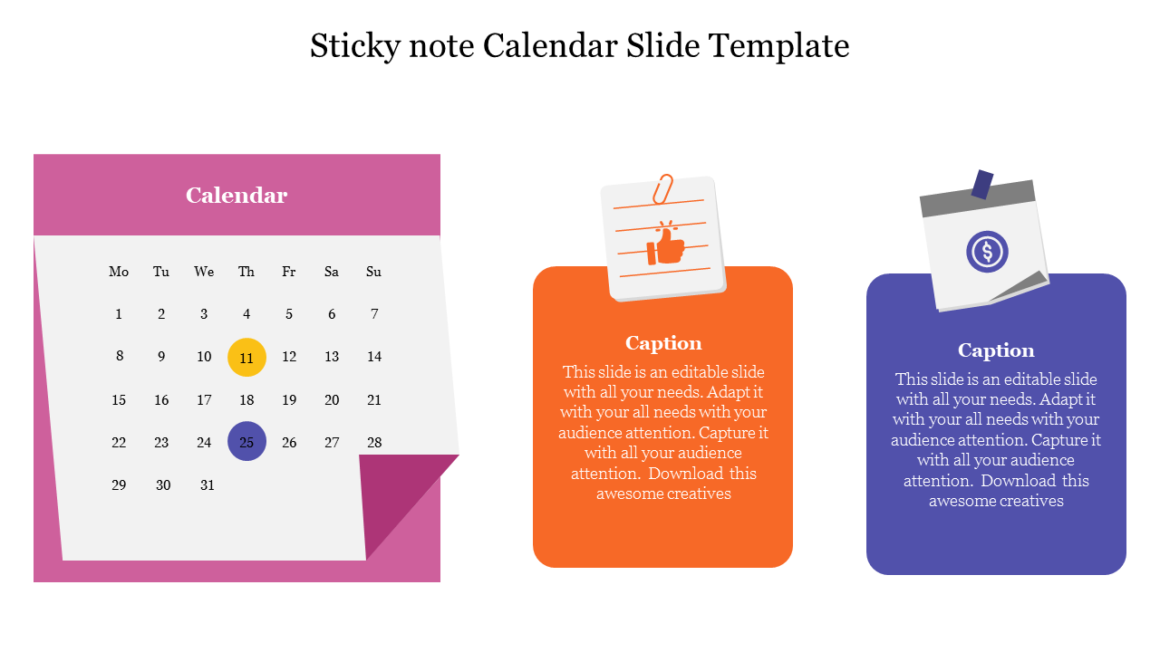 Calendar slide with sticky notes for important dates and reminders, featuring highlighted dates and captions.