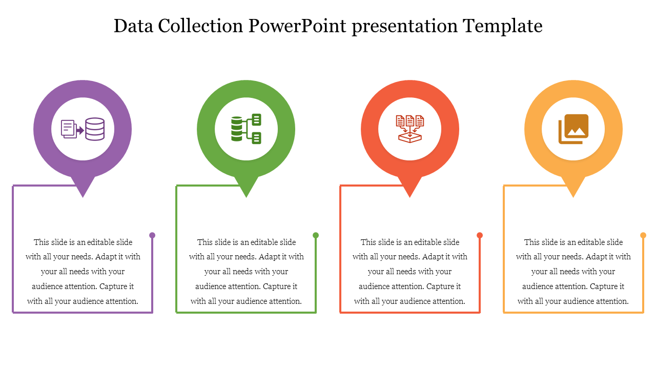 Data collection template featuring four icons in colored markers with text sections below each on a white background.