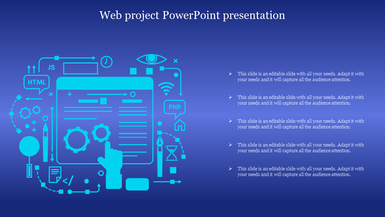 Teal illustration of web development icons with text bullets on the right, all set against a blue gradient background.