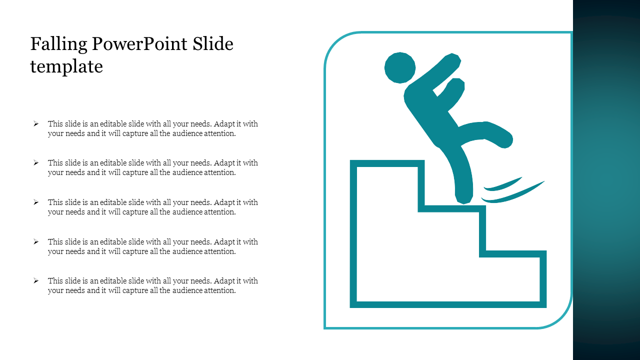 Illustration of a  animated person falling off stairs on the right with placeholder text areas on the left.