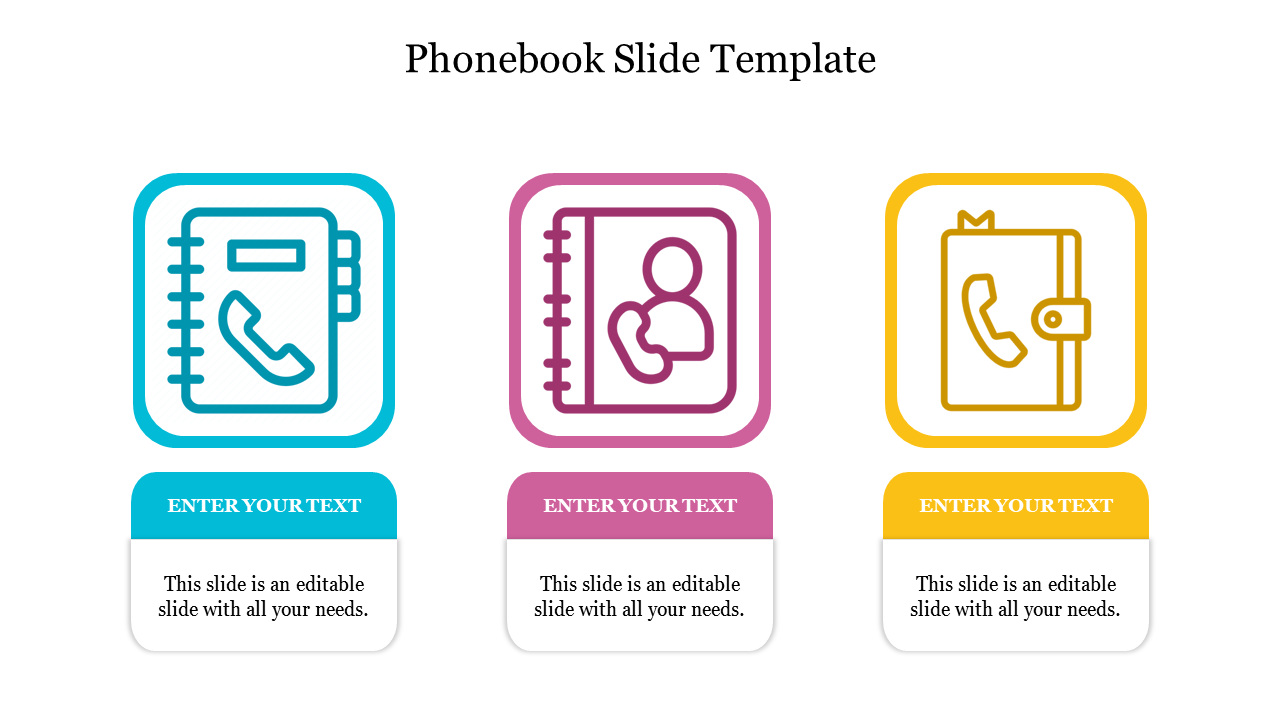 Phonebook slide featuring three colorful icons representing a phonebook, a contact, and a notebook with a phone symbol.