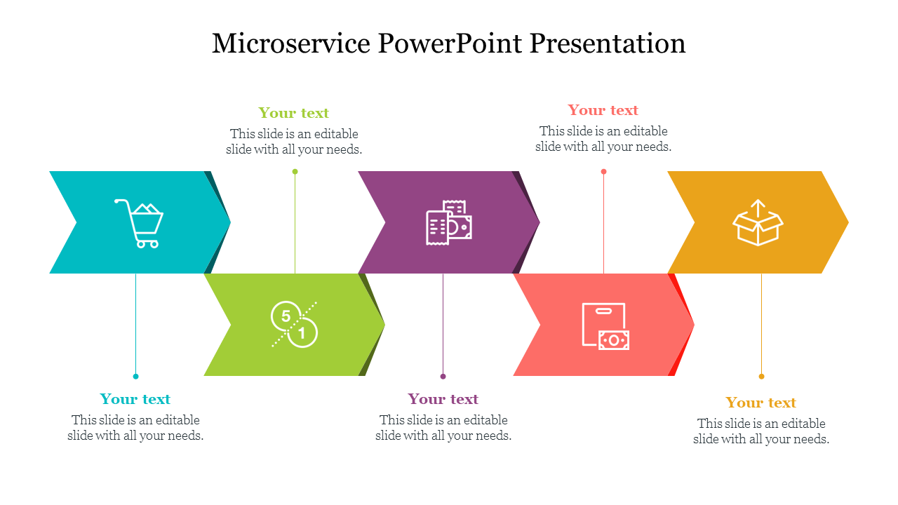 Microservice slide with a colorful five step process using icons and placeholder text.