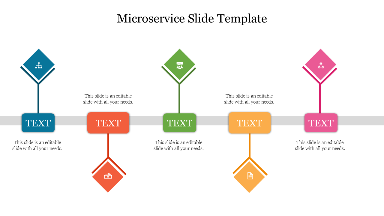 A sequence of five diamond shaped icons with corresponding colored text boxes, forming a linear diagram.