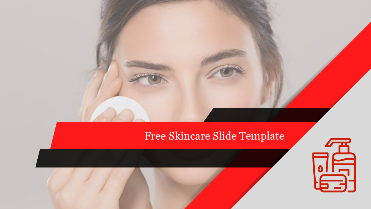 Skincare template featuring a woman applying a cotton pad to her face, with bold red and black overlay. 