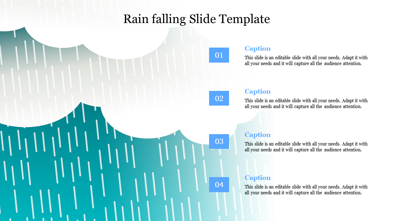 A slide design with a rain theme, showing cloud shapes and falling rain, with four numbered sections for captions.