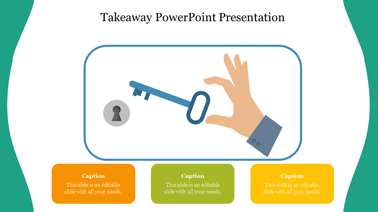 A slide featuring a hand holding a key, about to unlock a keyhole, symbolizing solutions with three colored textboxes.