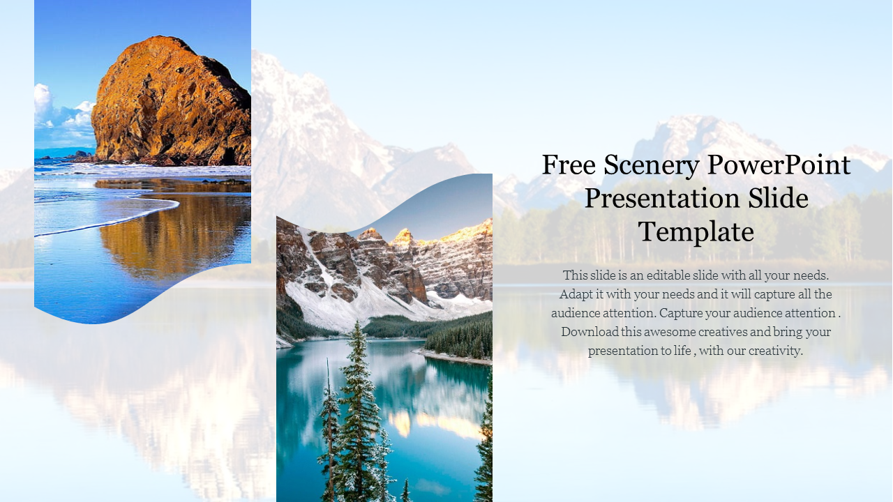 Slide featuring stunning scenery images, including mountains and a beach, with a light blue background and text sections.