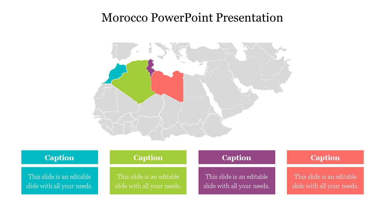 Map highlighting Morocco and surrounding regions in colorful sections with caption areas below.