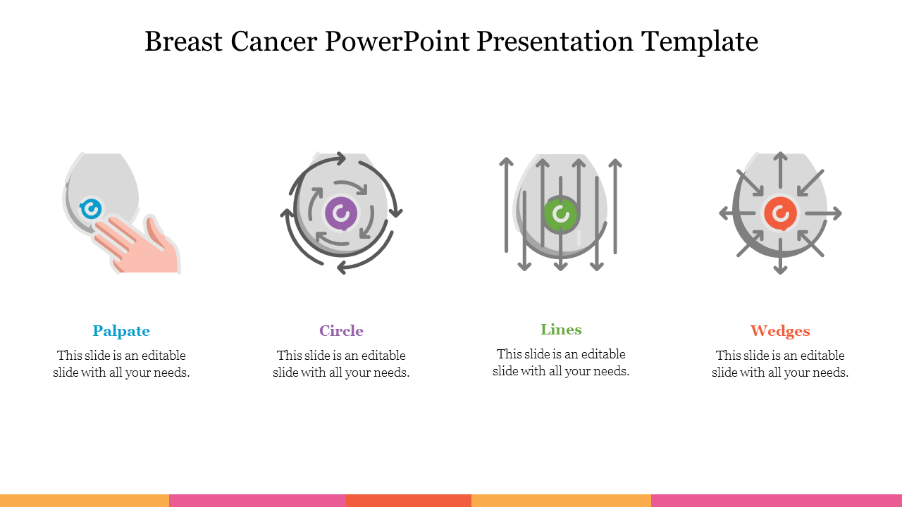 Four breast examination methods shown in colored icons with arrows illustrating directional movements.