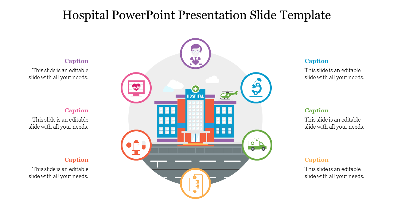 Slide featuring a hospital building illustration surrounded by colorful medical icons with text captions.