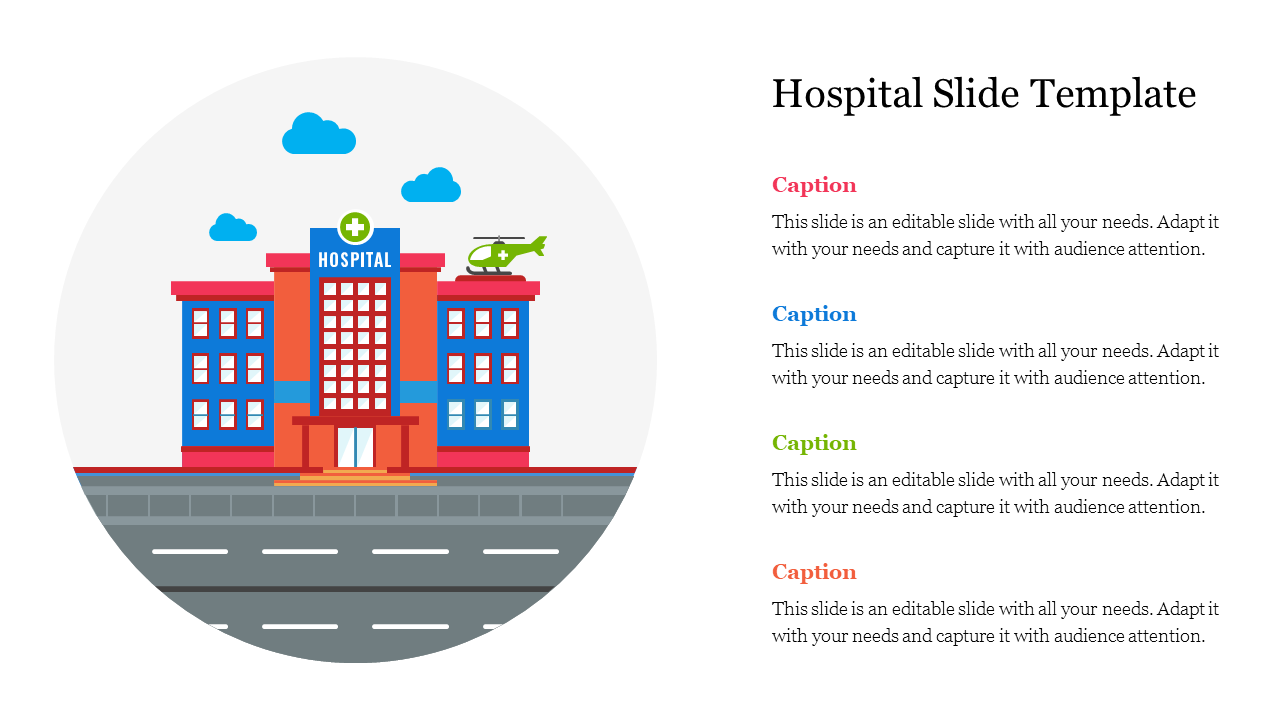 Hospital slide featuring an illustrated hospital building with captions for information on the right.