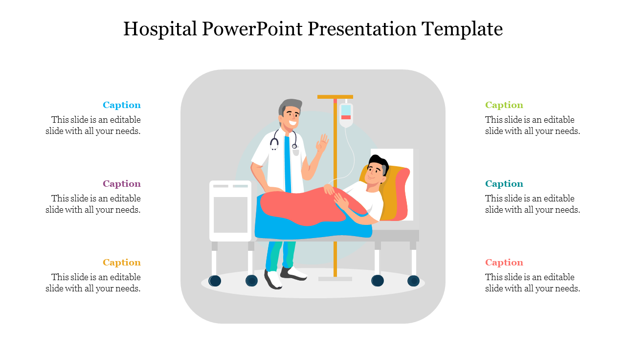 Hospital scene illustration with a doctor speaking to a patient in bed, along with six caption placeholders on both sides.