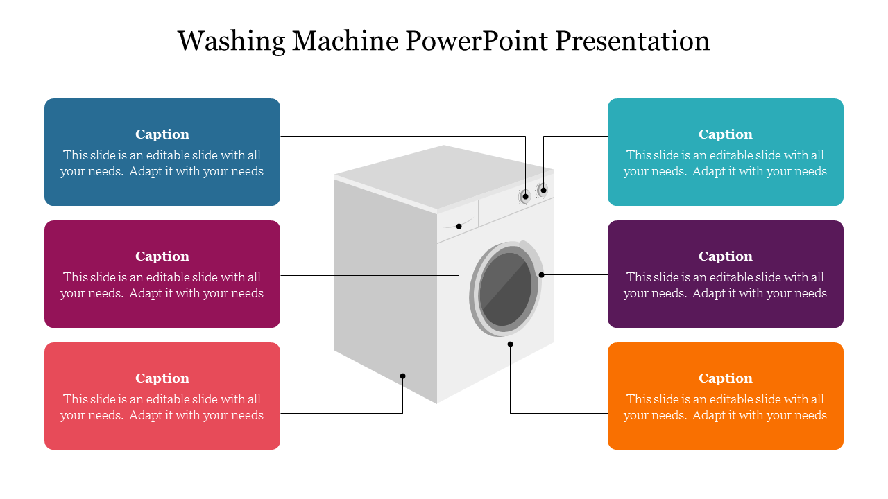 Slide design showcasing a washing machine illustration connected with colorful caption boxes.