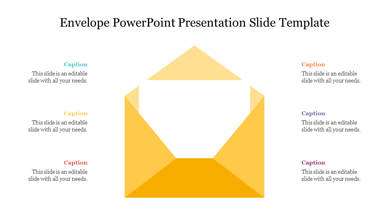 Central open yellow envelope graphic with six caption areas on both sides, each in different colors for labeling.