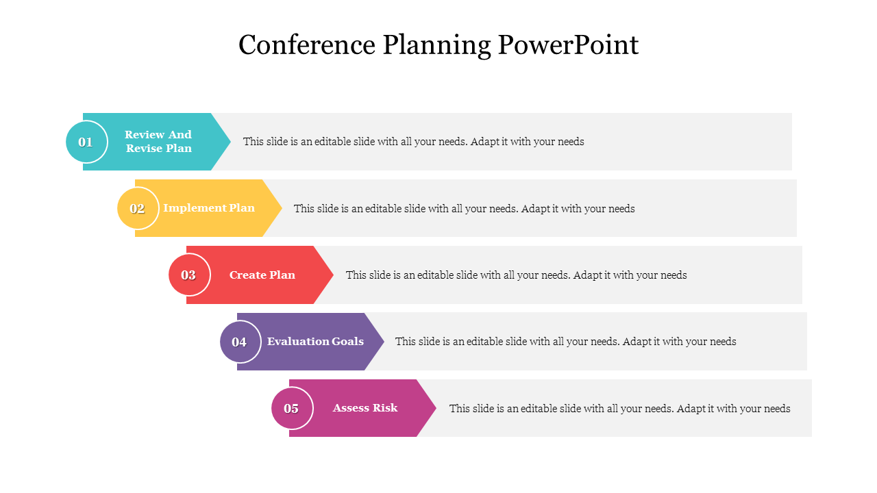 Slide for conference planning showing five sequential steps in colorful, horizontal blocks with placeholder text.