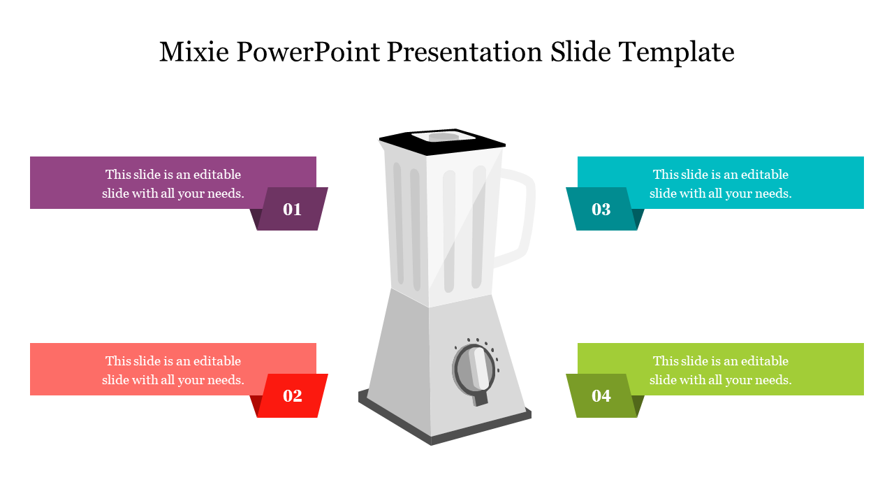 Mixer themed presentation template with numbered sections in purple, red, teal, and green with placeholder text.