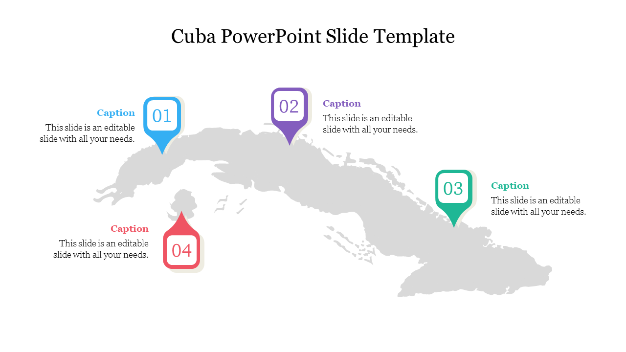 Gray map of Cuba with four numbered location markers in blue, purple, green, and red displaying captions.