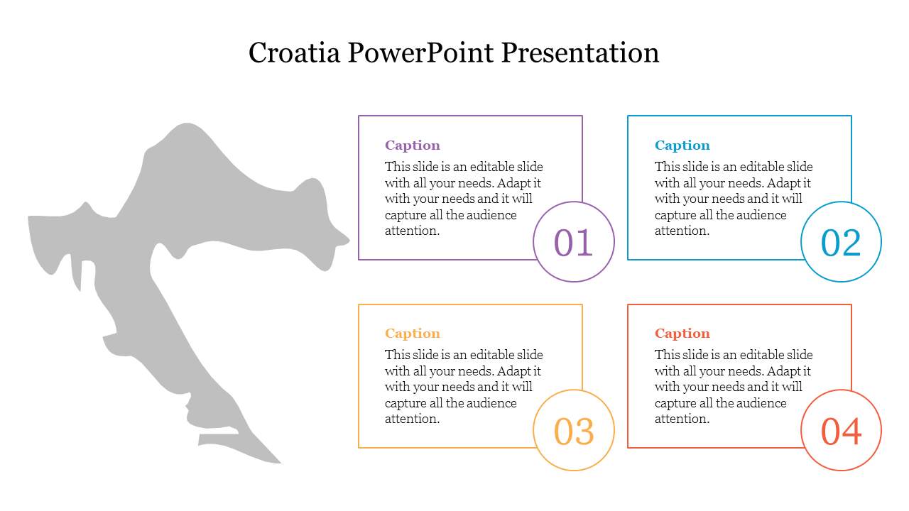 A Croatia slide showcasing a silhouette of the country with four colorful caption boxes for content organization.