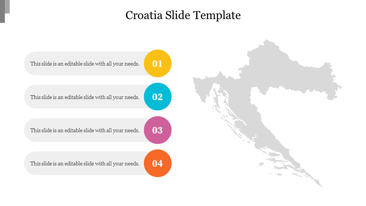 Template with a Croatia map and four sequential text sections in yellow, blue, pink, and orange.