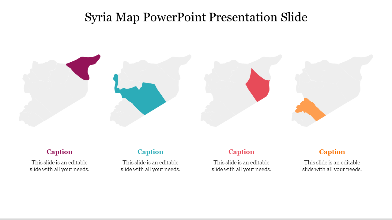 Syria map slide with four highlighted regions, each section labeled with a corresponding caption text.