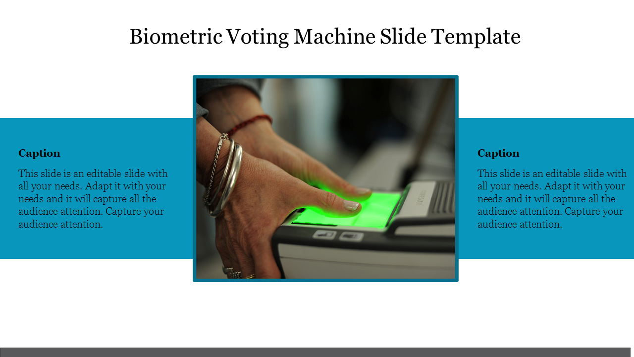 Slide featuring a biometric voting machine with a person scanning their finger on the device with text captions.