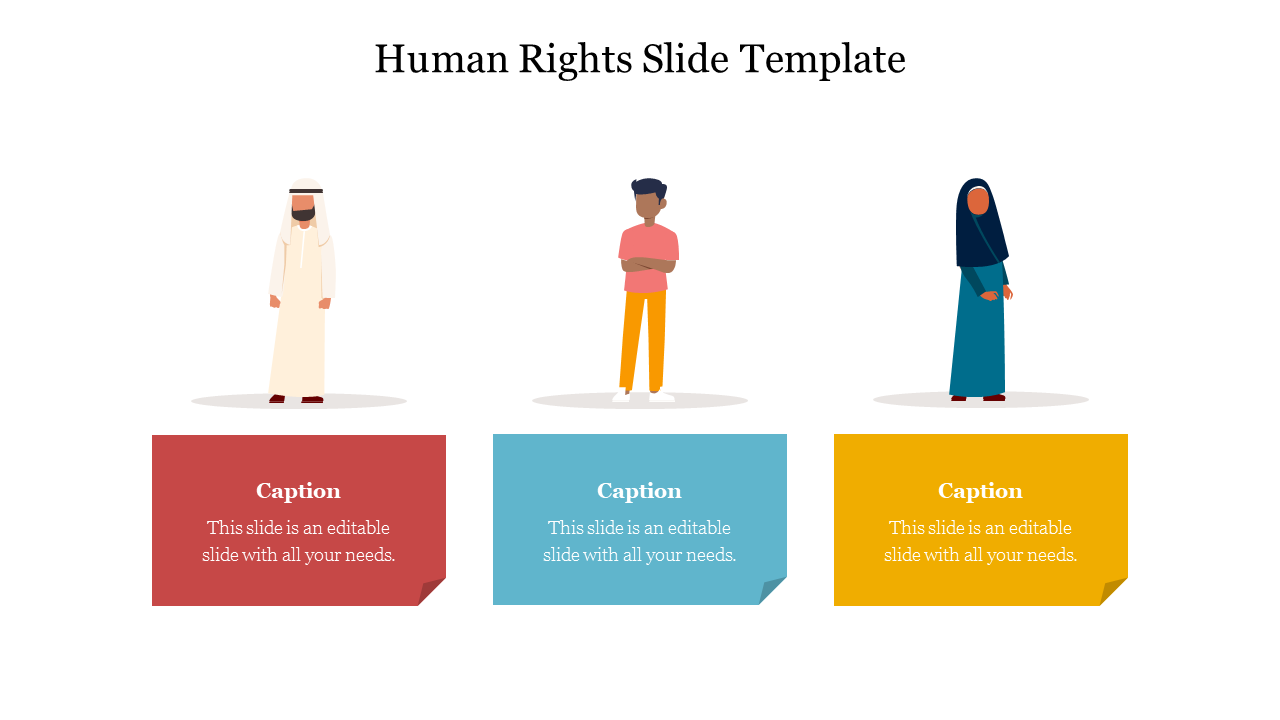 Human rights slide featuring diverse cultural illustrations with three captions for custom text.