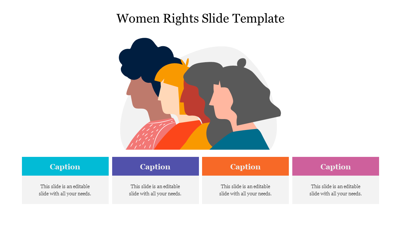 Women empowerment slide template showing diverse female profiles and sections for custom captions areas.