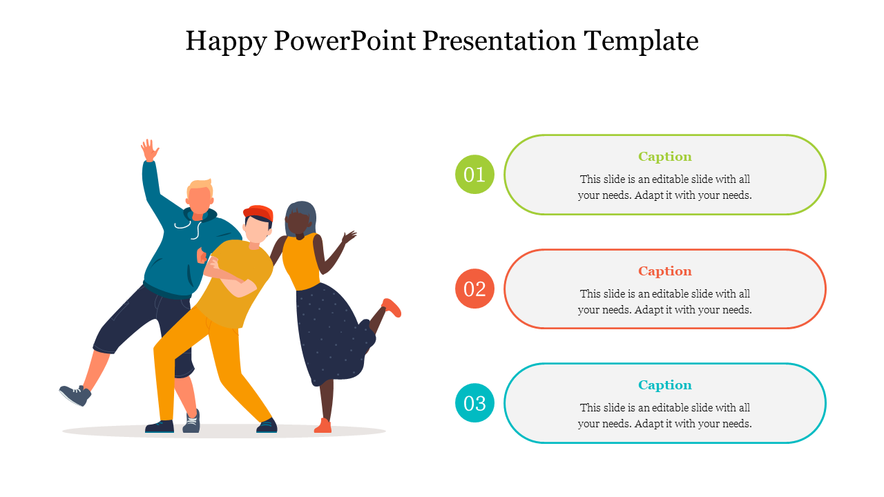 Illustration of three happy people dancing, next to three numbered caption boxes on the right with placeholder text.