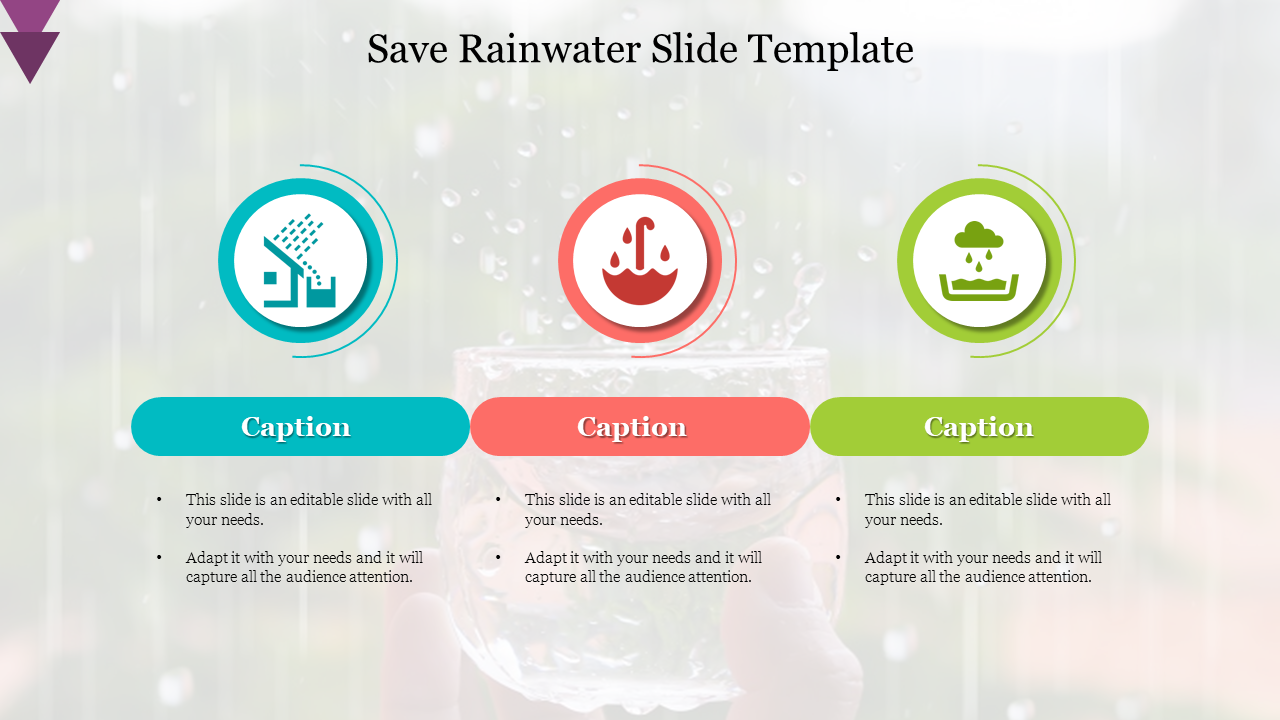 Save rainwater slide template with three circular icons, colorful caption boxes, and a blurred glass of water background.