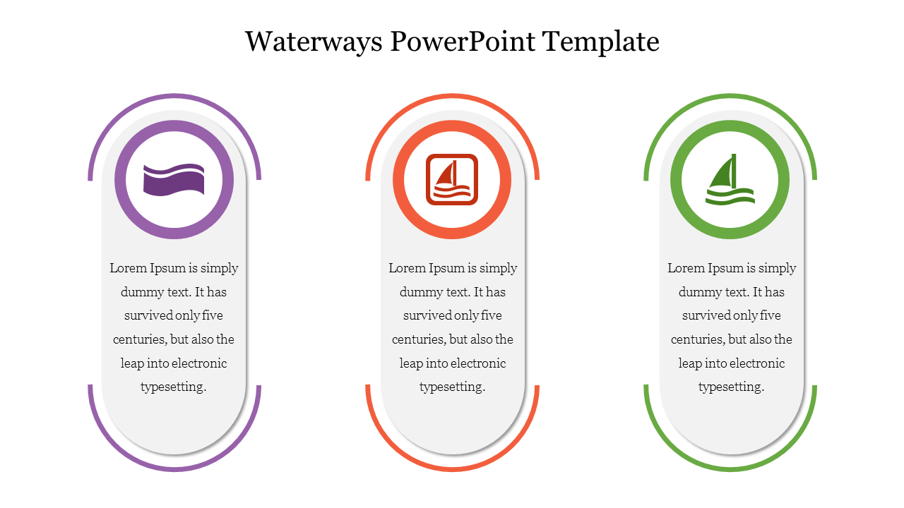 Three vertically aligned water themed icons in circular frames, accented with curved lines in purple, orange, and green.