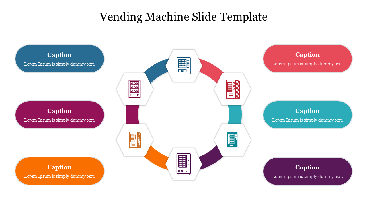 Circular layout with six hexagonal icons of vending machine illustrations, surrounded by colored text boxes.