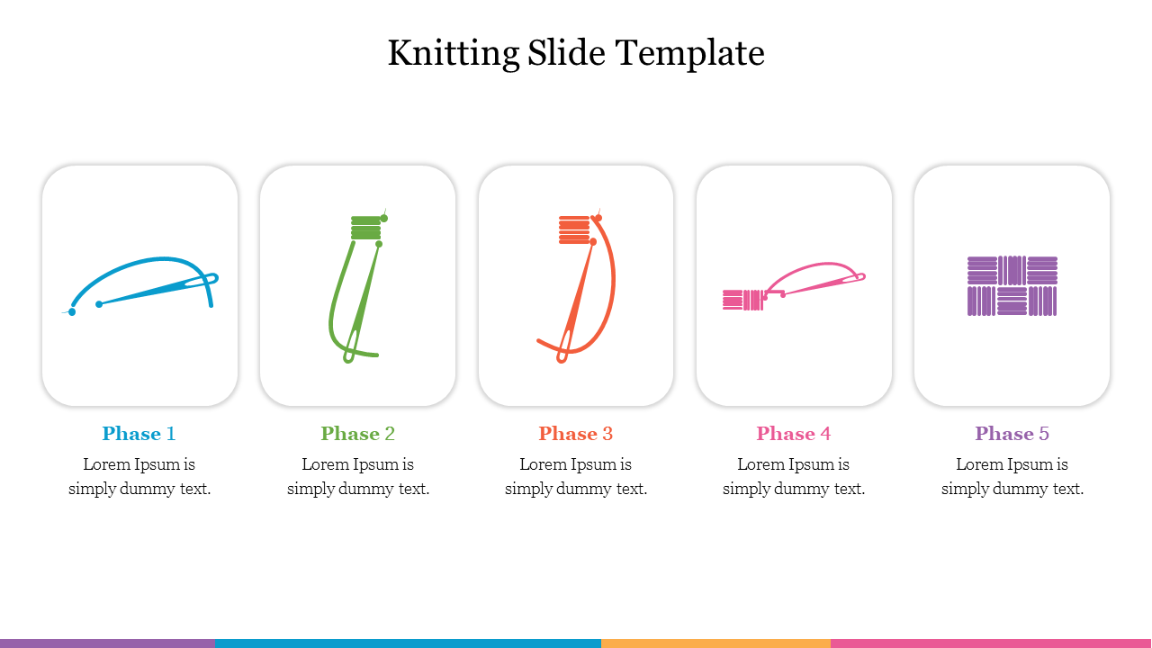 Five-step knitting process diagram with icons on white background representing each phase in different colors.