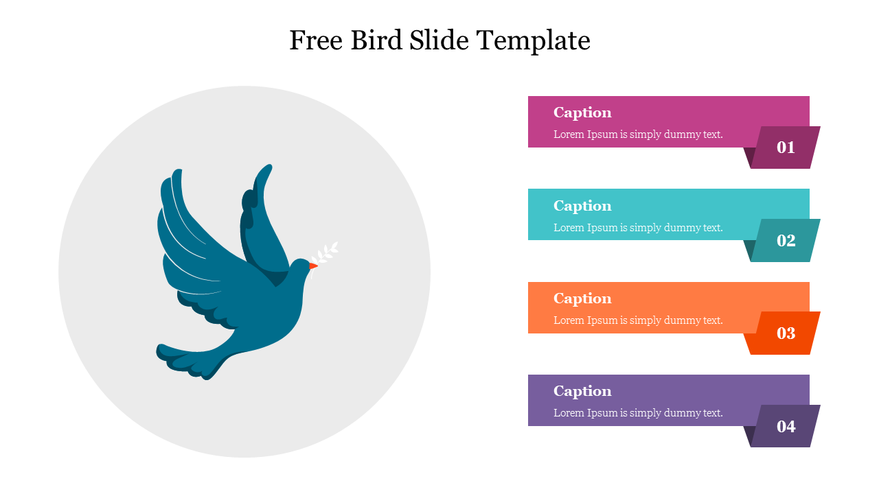 Slide with a bird illustration and four vibrant caption sections in purple, teal, orange, and violet.