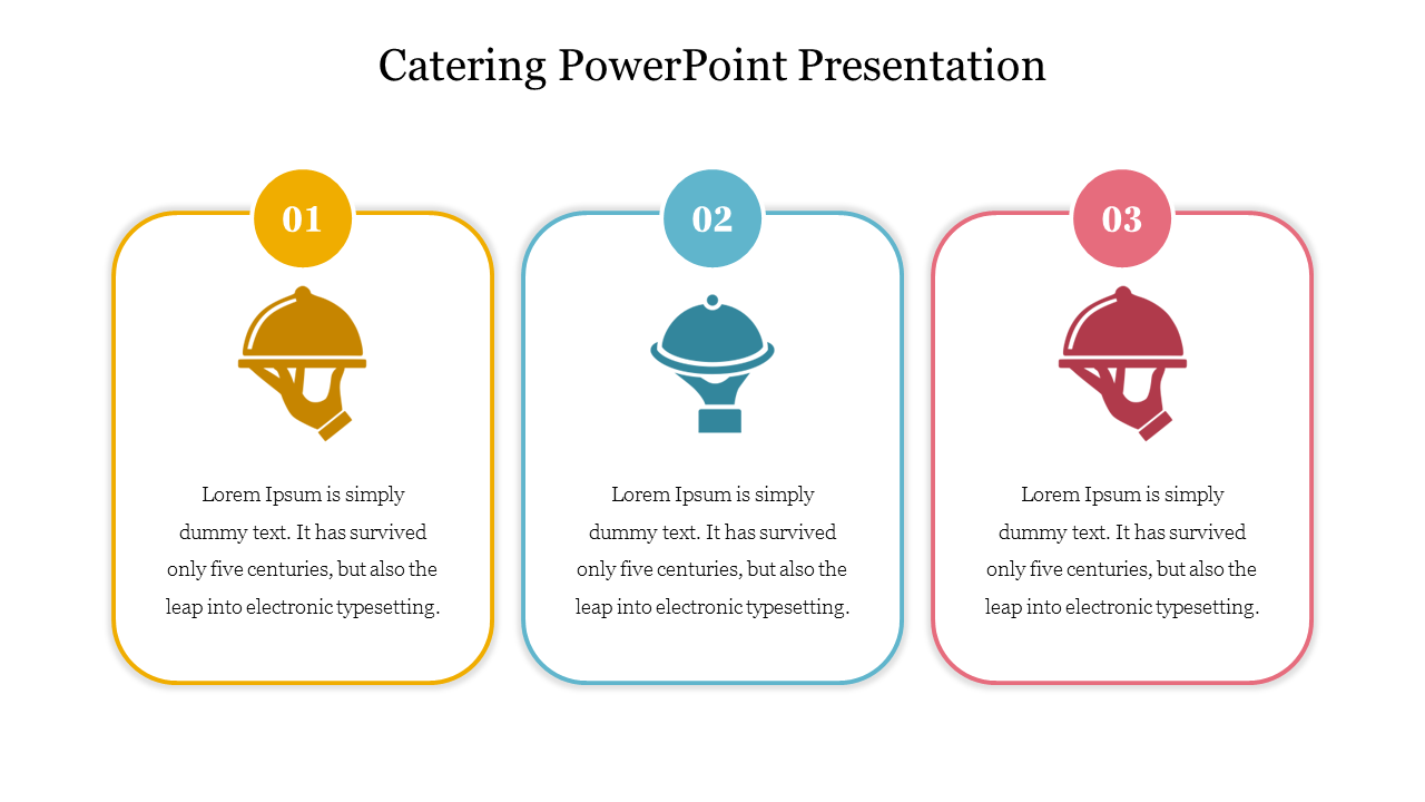 Catering-themed presentation slide with three colorful boxes, each showing a food cloche icon and numbered boxes.