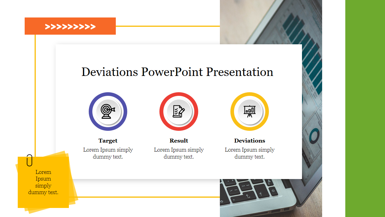 Deviations-themed slide with labeled icons, placed next to a laptop graphic in the background.