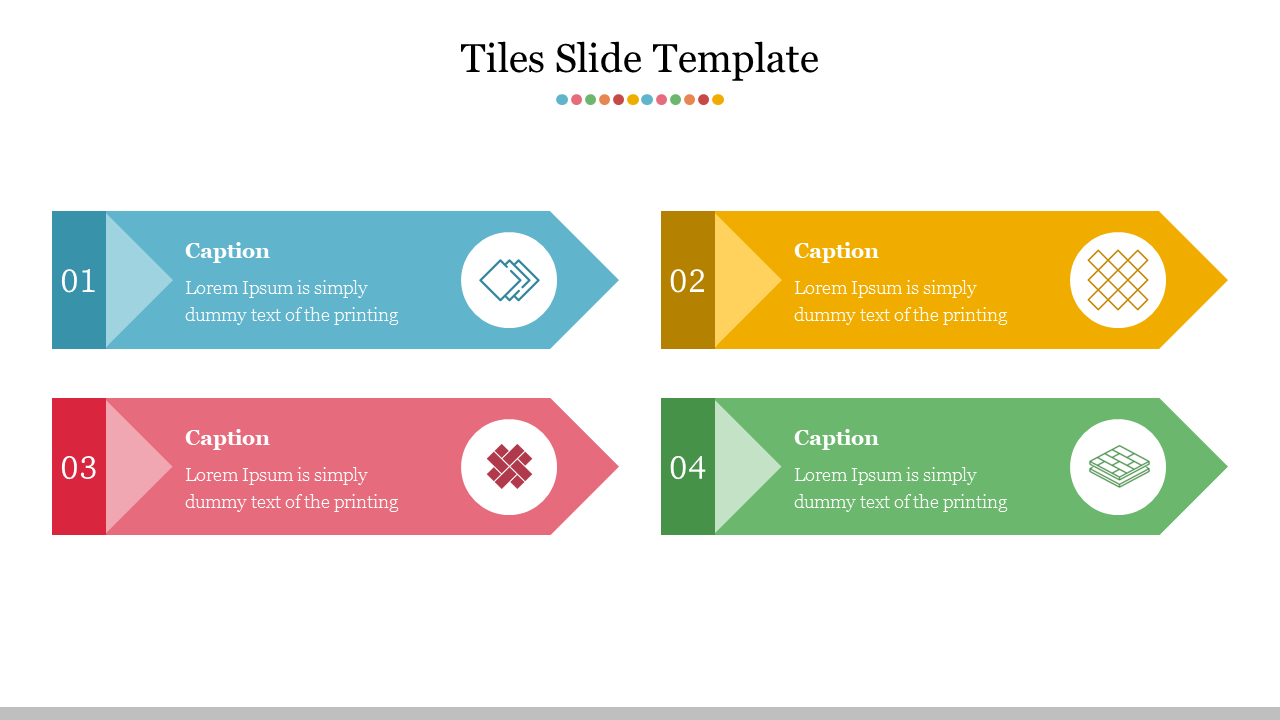 Four horizontal banners for title slide in blue, yellow, red, and green, each with icons and  text placeholders areas.