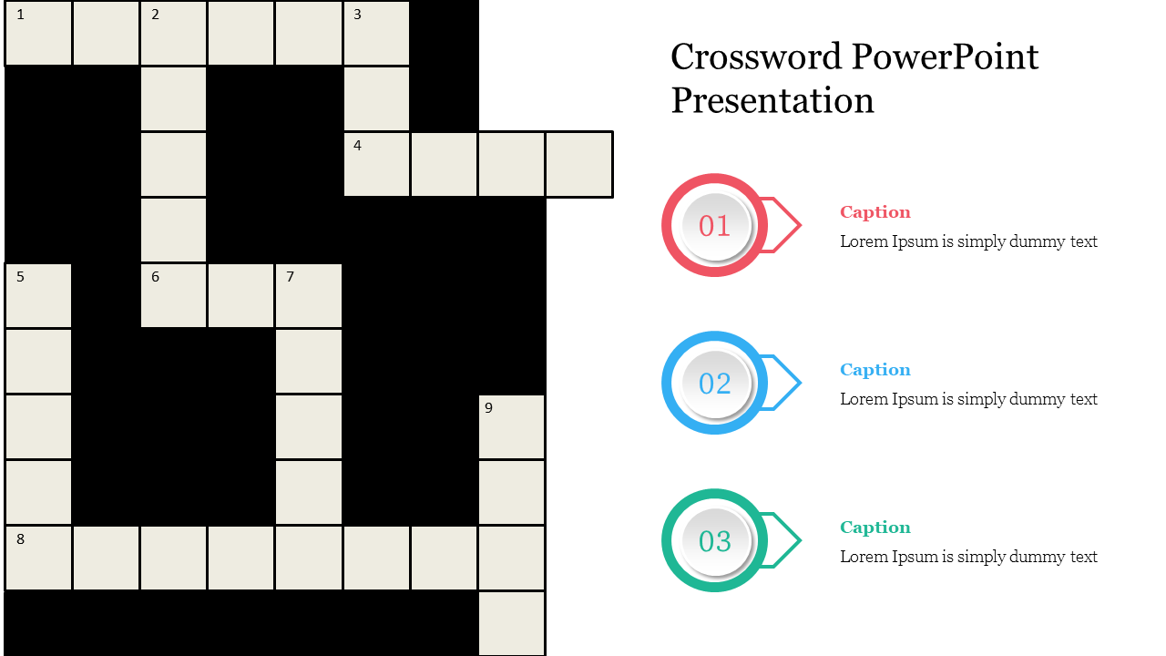 Crossword puzzle with black and white squares on the left, and three colorful placeholders caption on the right side.