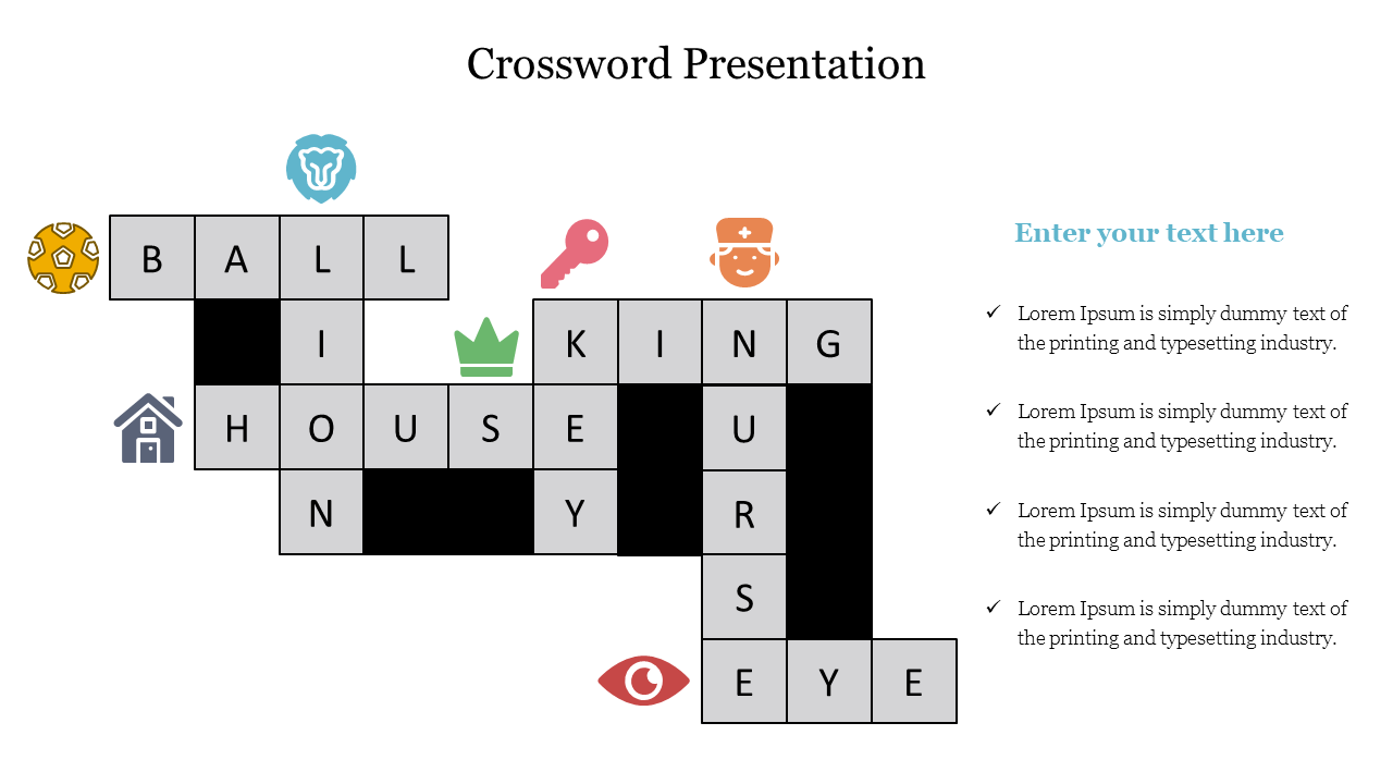 A crossword grid featuring gray squares and black spaces with colorful icons, and placeholder text aligned to the right.