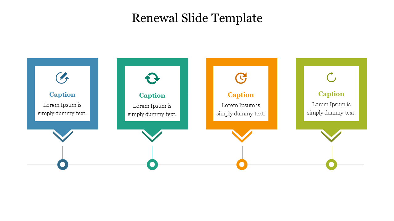 Four squares in blue, green, orange, and green, each containing a renewal icon, aligned horizontally on a line.