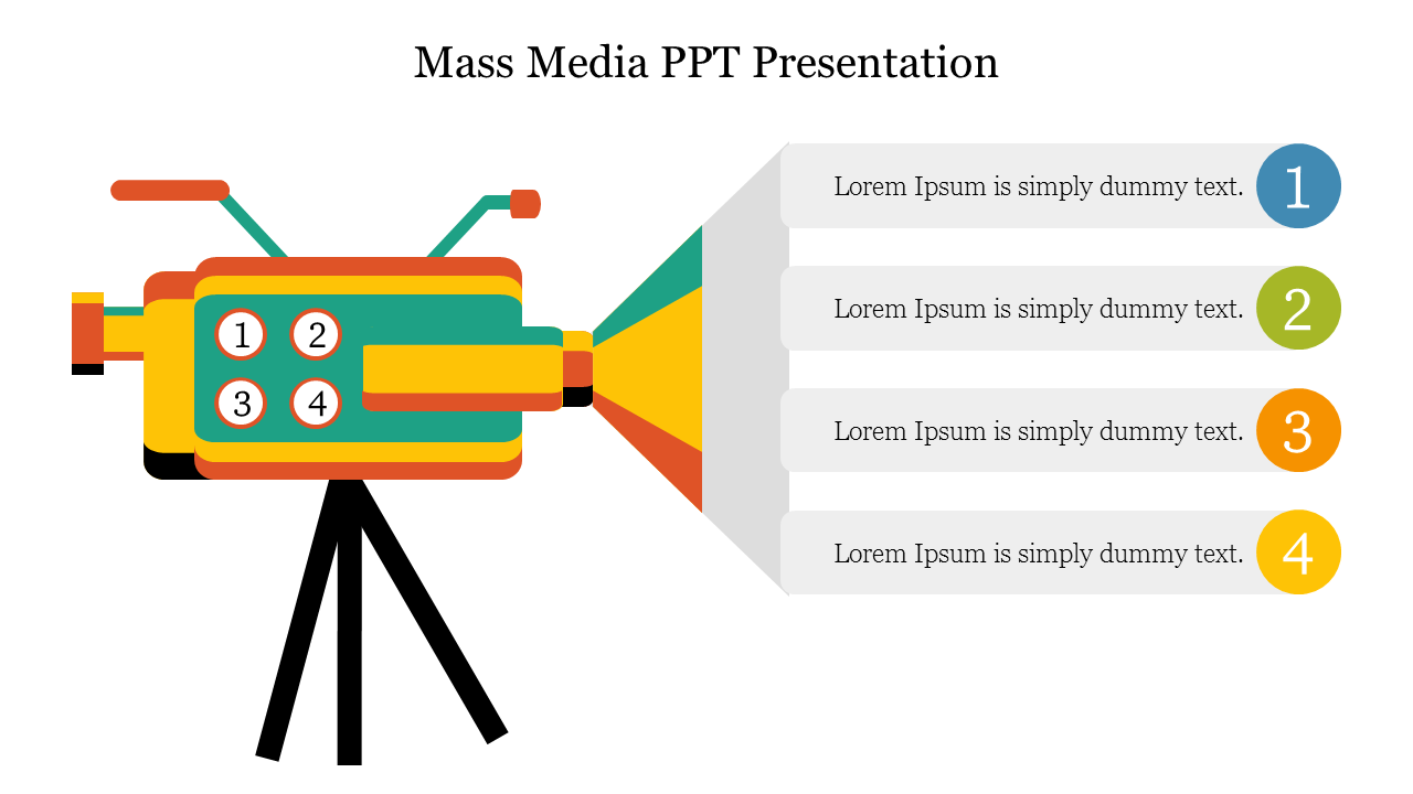 Illustration of a colorful video camera on a tripod projecting four numbered text boxes in blue, green, orange, and yellow.