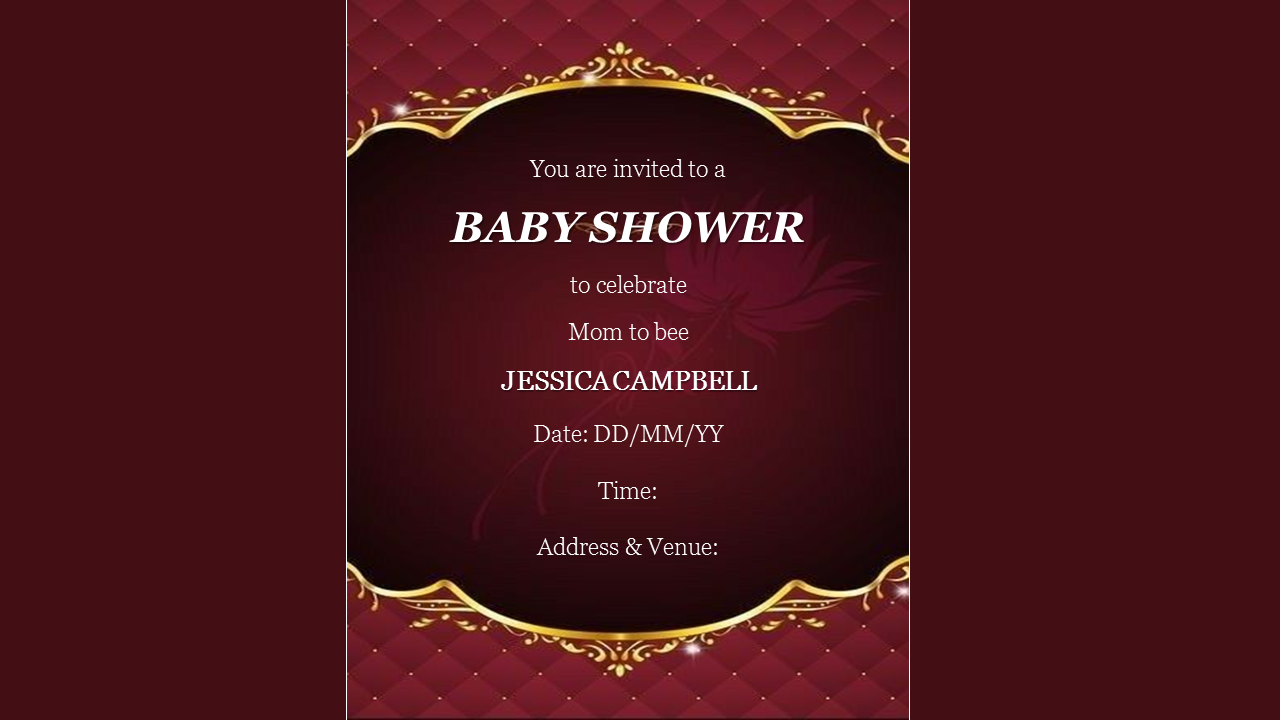 Stylish baby shower invitation template with a rich red background and gold accents, featuring event details.