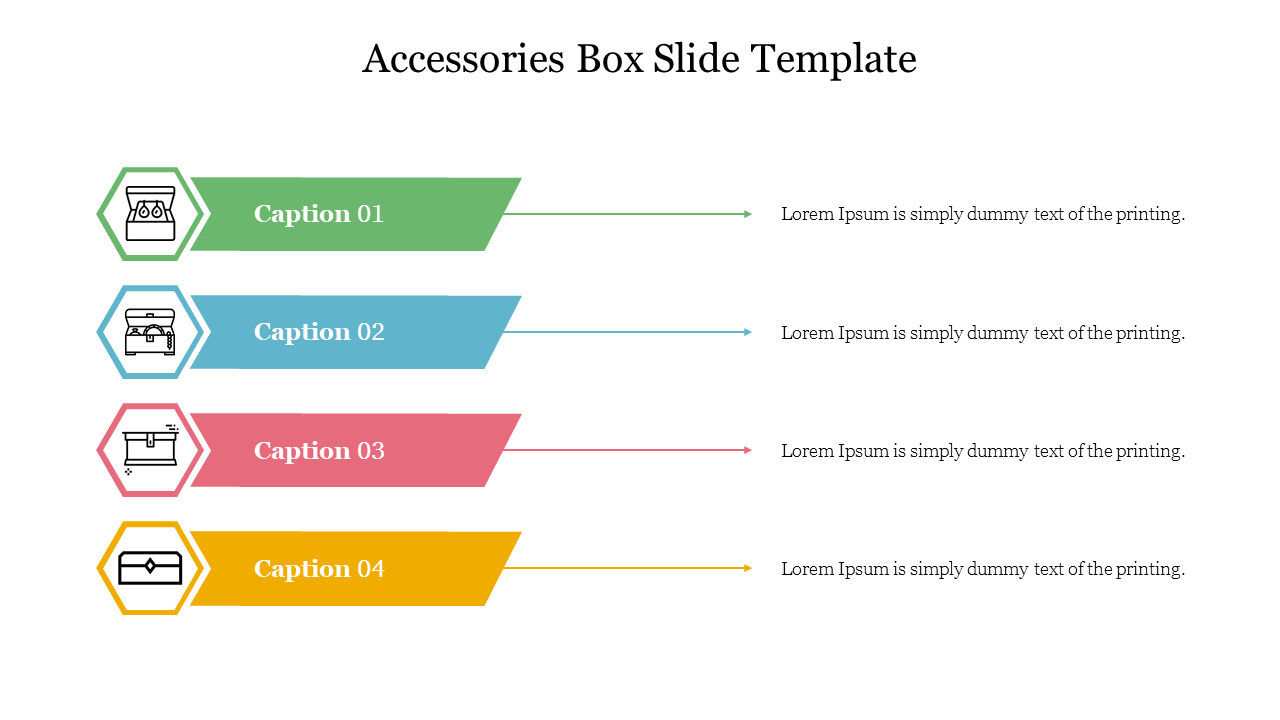 Accessories box slide with four sections, each featuring an icon, caption, and description in different colors.