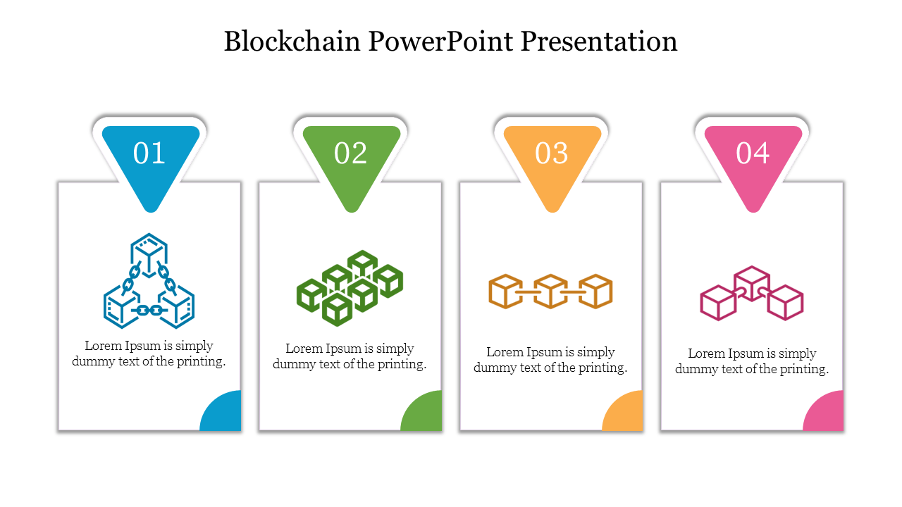 Four numbered cards in blue, green, orange, and pink, each with a triangular header and a blockchain icon.