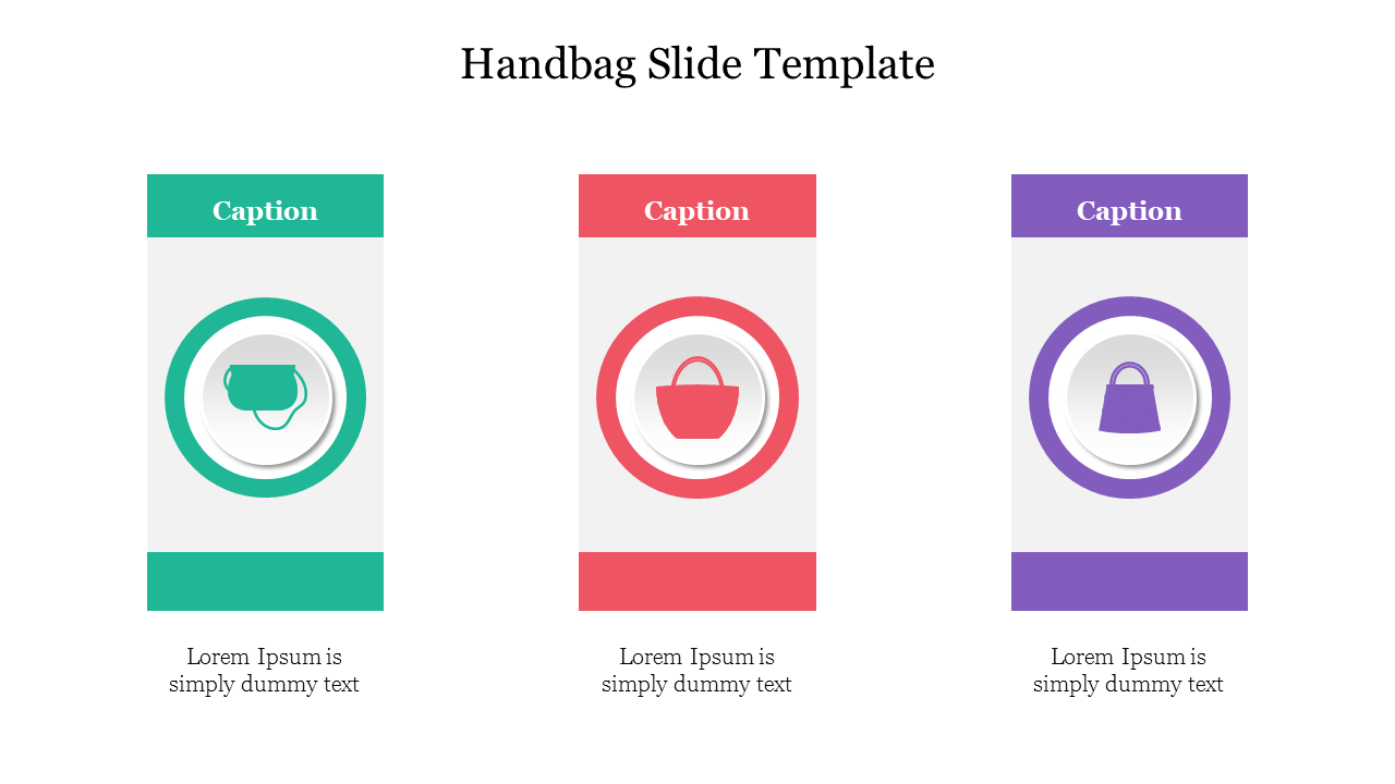 Slide showcasing three handbag icons in teal, red, and purple with matching captions and description areas below.